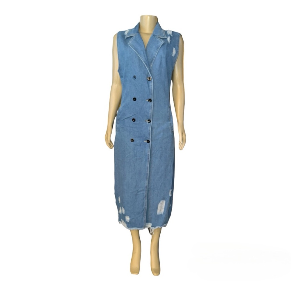 Gorgeous Dolls Sleeveless Double Button Long Denim Ripped Maxi Dress